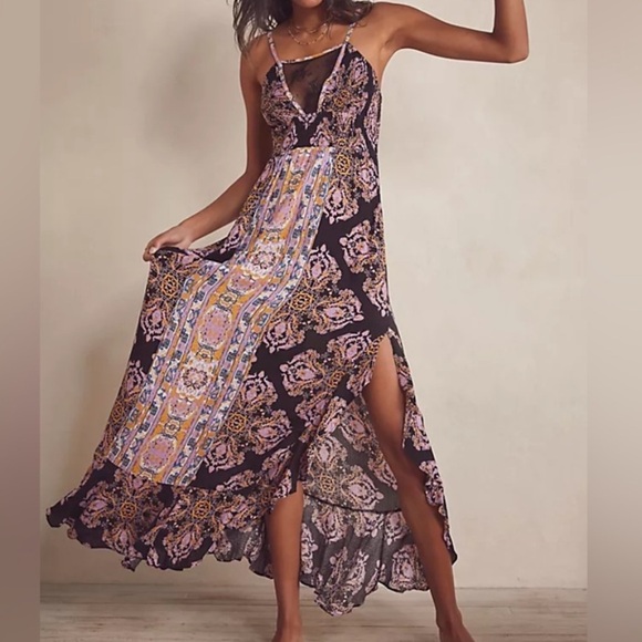 Free People Intimately  Print Black Pink Maxi Dress Size L - Picture 1 of 11